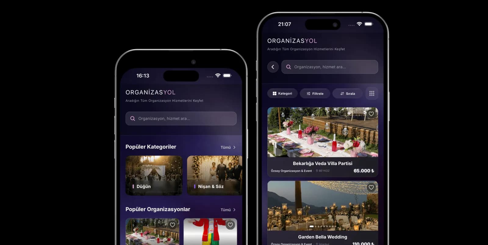 Organizasyol'da organizasyon hizmetlerini ve mekanları keşfetme ekranı