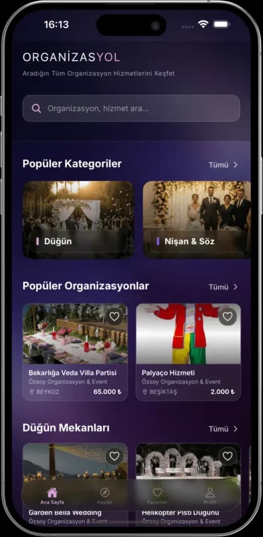 Organizasyol uygulaması ana sayfa